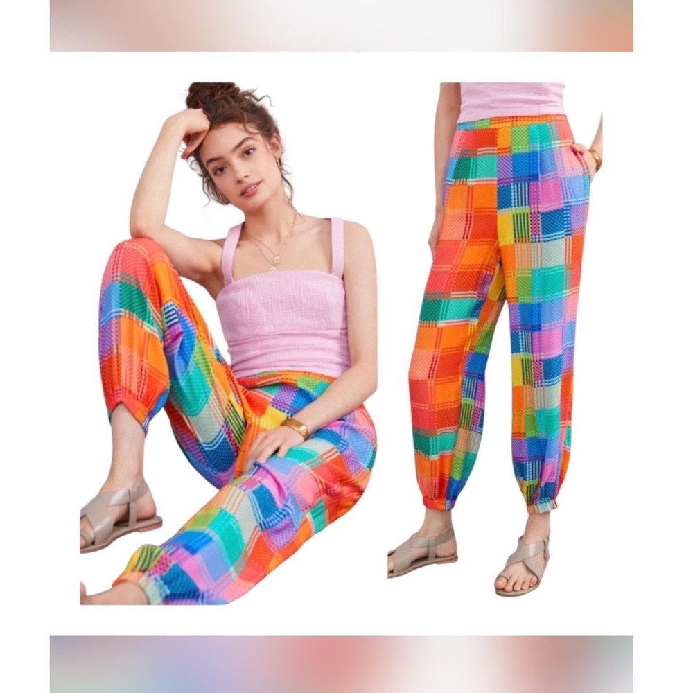 Farm Rio Woven Rainbow Checkered Jogger Pants Multi-Color Plaid Ankle Cropped XL